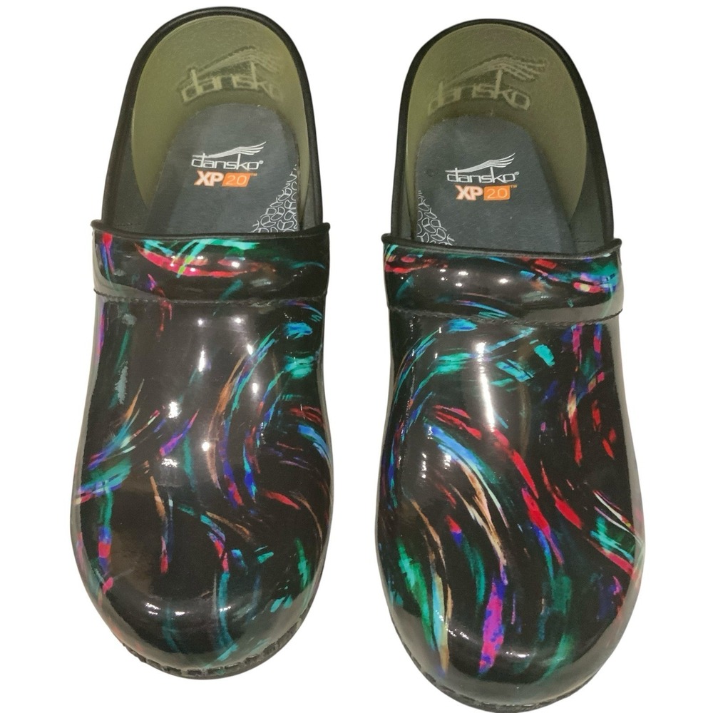 Dansko XP 2.0 Professional Clogs Black Patent Multi Swirl Womens 40 EU 9.5-10